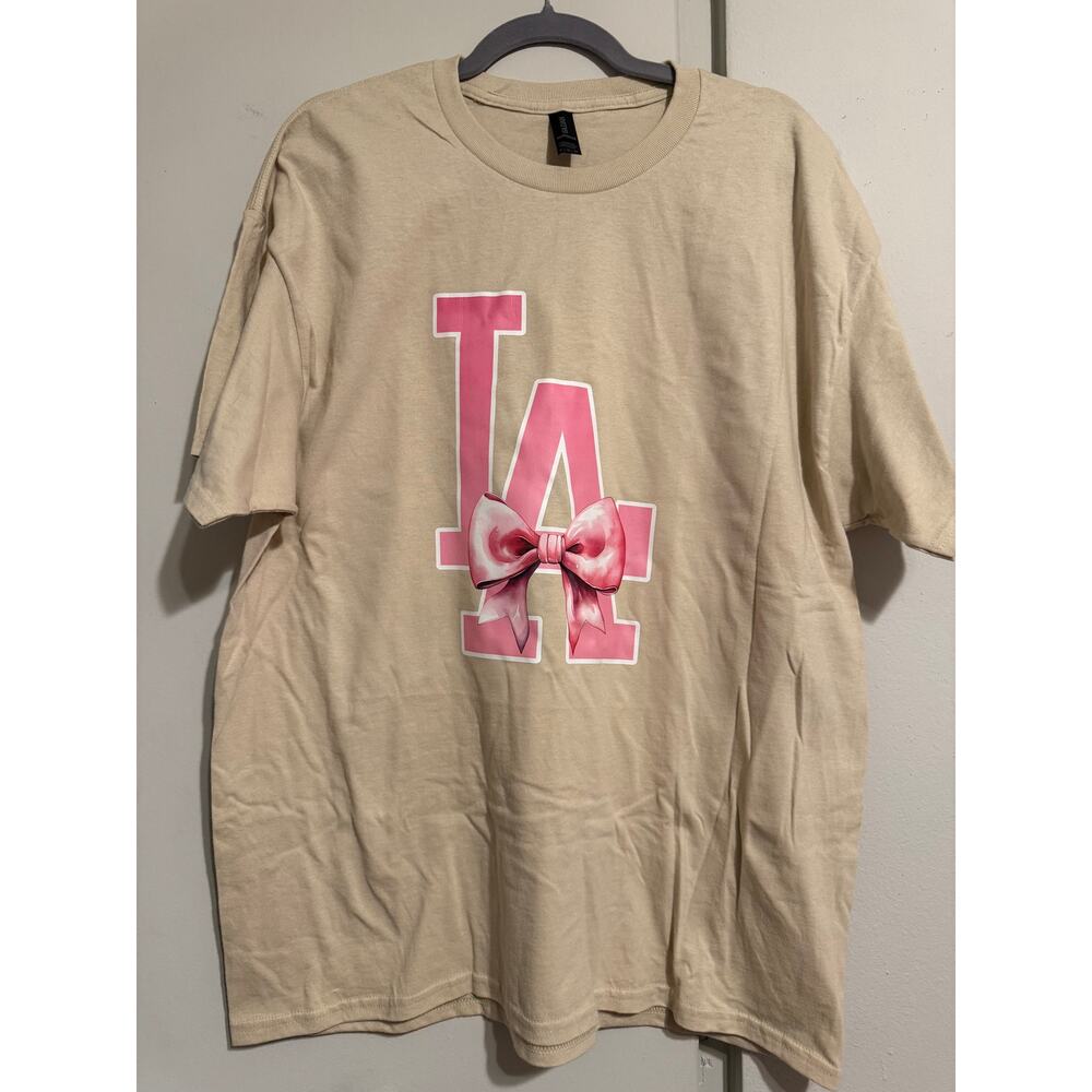 LA Bow Graphic T-Shirt Sand Color Pink Coquette Aesthetic Size Small - Picture 3 of 6